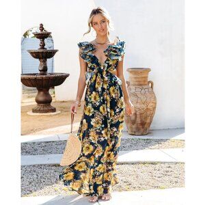 BNWT VICI Encanto Floral Ruffle Maxi Dress in Navy Multi Sz M